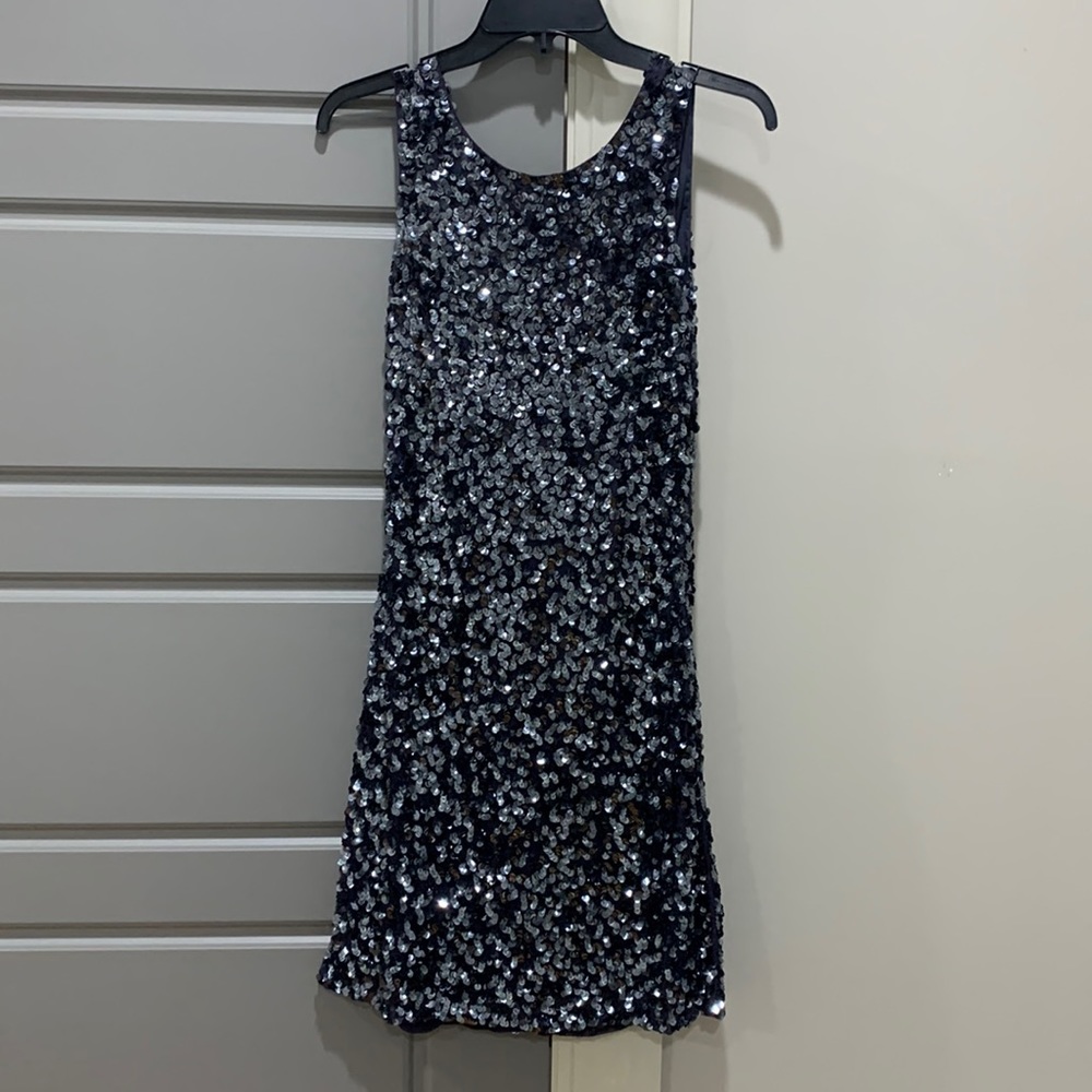 Pisarro Nights navy sequin short dress with draped back